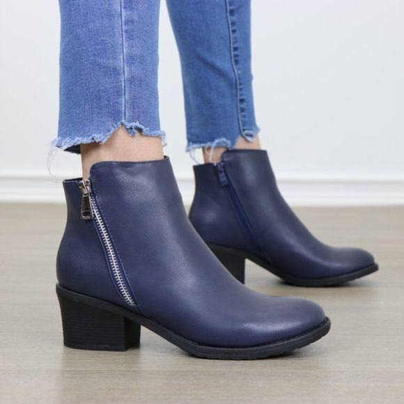 Navy Faux Leather Ankle Boots Silver Zipper Block Heel - Picture 3 of 8